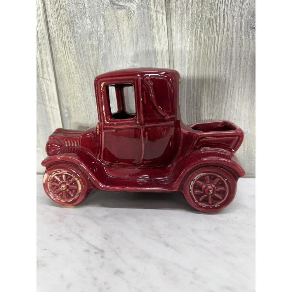 Vintage Ceramic Antique Car Planter Burgundy Red Model T Novelty Pottery Vases